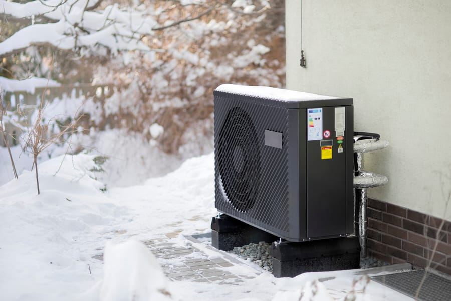 Modern air source heat pump unit standing against the residential building wall. Shot in winter, in a snowy setting.