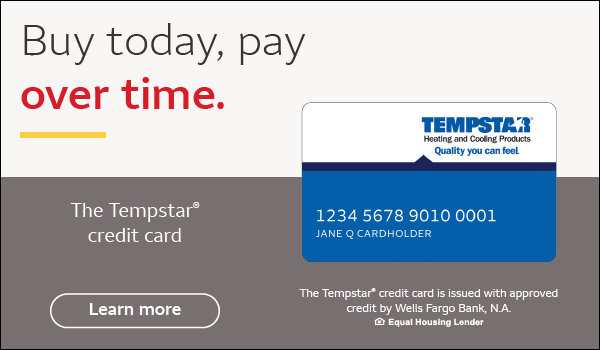 Ad showing Tempstar credit card offer: 'Buy today, pay over time' with a blue card image and a Learn more button.
