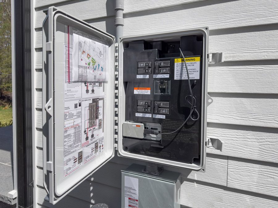Outdoor weatherproof electrical panel with breakers; door open showing wiring diagram on inside of door and labeled switches.