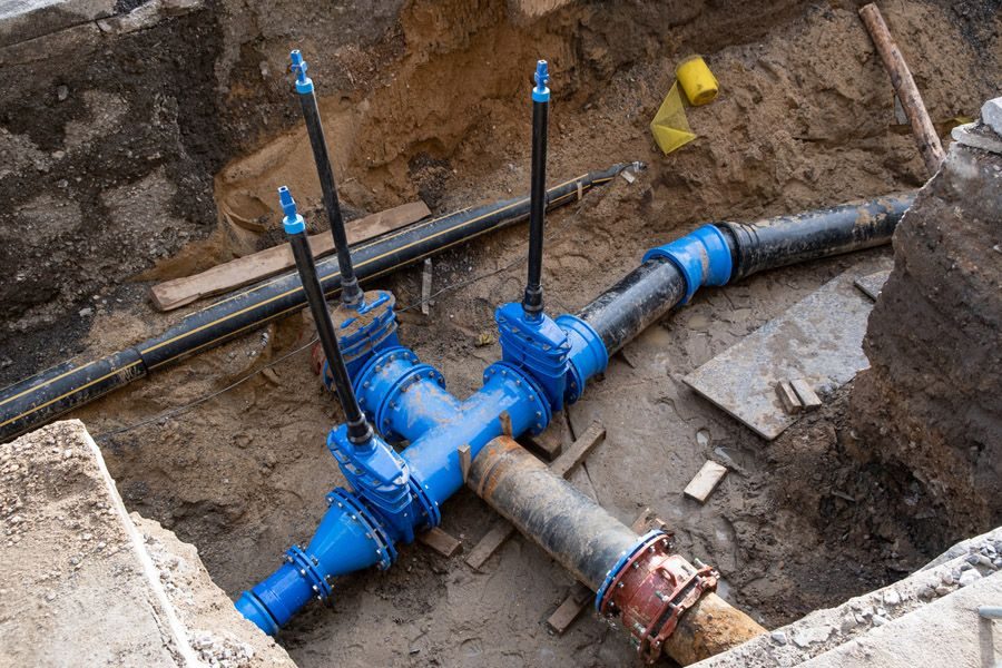 Blue valve assembly with vertical rods in an open trench, connected to large underground pipes during construction work in dirt and debris.