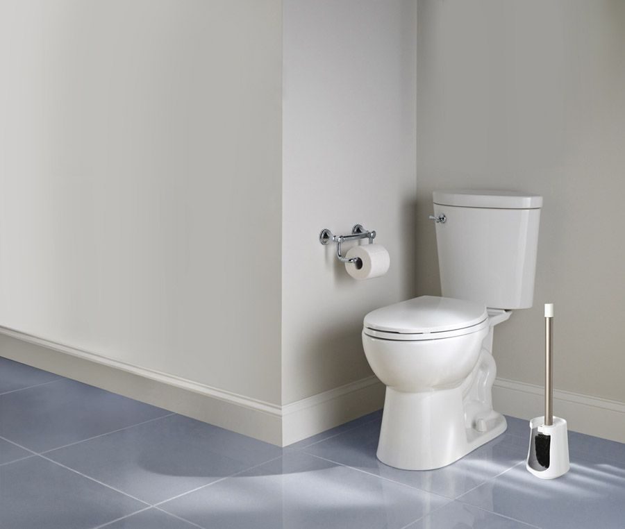 White toilet with a wall-mounted toilet paper holder and a toilet brush in a stand beside it in a bright bathroom on a blue-gray tiled floor.