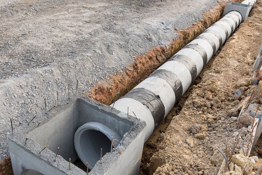 Concrete drainage pipe segments laid in a trench during construction, with dirt piled along the sides and exposed rebar.