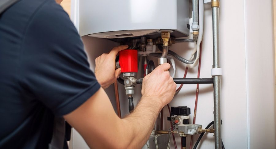 Technician adjusting a red gas valve under a wall-mounted boiler with copper pipes nearby.] , but ensure proper text without stray punctuation.